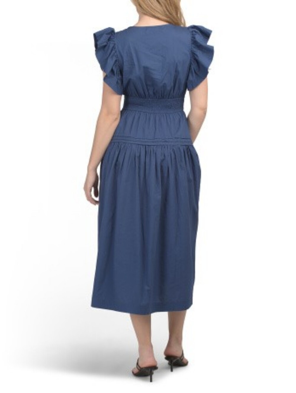 NWT - LEA Cotton Poplin Flutter Sleeve Split Neck Smocked Back Midi Dress-Size M - Picture 3 of 14